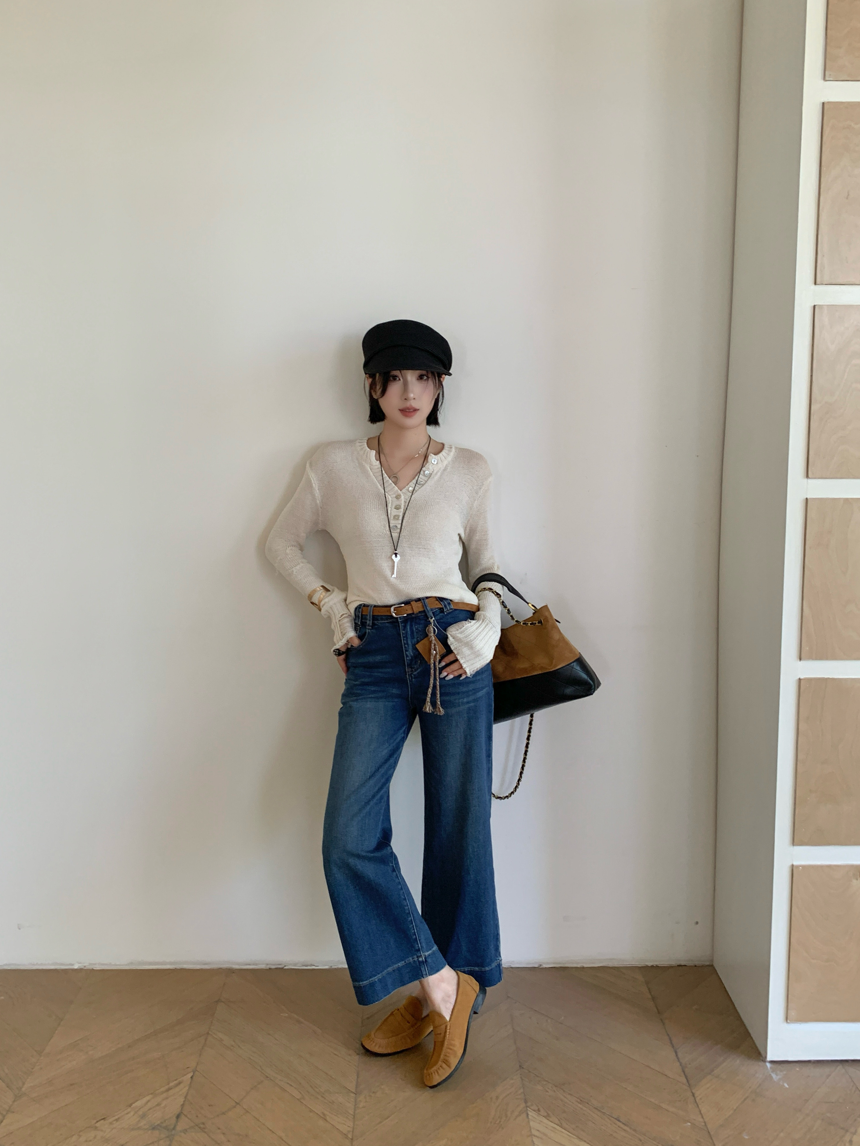 韩系松弛感阔腿裁剪小个子九分轻松驾驭微弹力牛仔裤